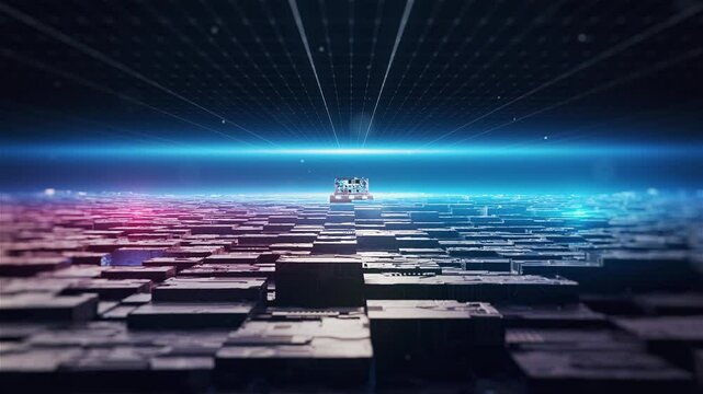 Concept advanced futuristic microprocessor chip connecting, high-tech chip animation. Motherboard circuit current running, microscopic processor design.