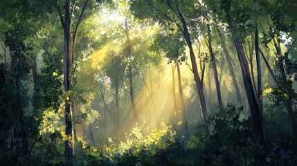 Obraz premium Sunbeams filtering through a lush green forest, creating a magical and serene atmosphere. A digital painting showcasing the beauty of nature.
