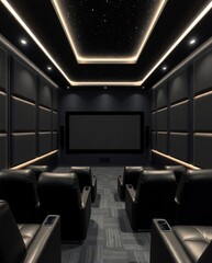 Naklejka premium a sophisticated home theater designed for a premium viewing experience. Seating. Screen. Acoustic Panels. Ceiling Design. Lighting. Carpet. black.