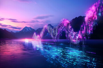 Abstract digital landscape with vibrant colors and mountain reflections