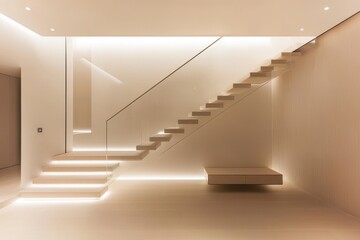 Modern Minimalist Interior with Elegant Staircase and Soft Lighting in Contemporary Architectural Design Showcase