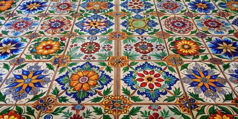 Fototapeta premium A vibrant patchwork of hand-painted ceramic tiles, each featuring intricate floral motifs in a symphony of colors and patterns, creating a captivating visual tapestry.