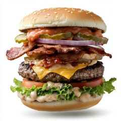 hamburger with all the ingredients on a white background