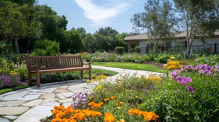 Obraz premium features a vibrant garden with blooming flowers, a stone pathway, and a wooden bench, creating a tranquil outdoor space perfect for relaxation