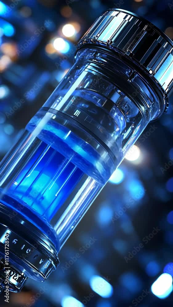 Poster unique close-up view of a transparent container with blue liquid reflecting light in an artistic arr