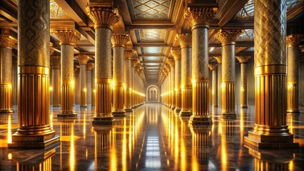 Obraz premium A grand hall with polished marble floors and gold-trimmed columns that reflect warm, inviting light