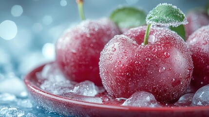 Fresh, glistening red apples on ice, evoking a refreshing and appetizing feel.
