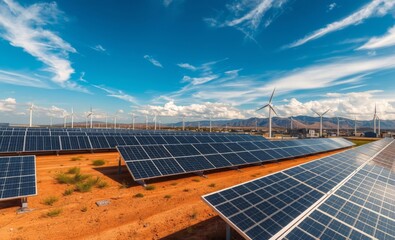 Solar farm, vast desert landscape, rows of photovoltaic panels, bright blue sky, wispy clouds, renewable energy, industrial scale, sunlight, arid environment, clean power generation, modern technology
