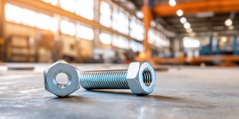 Close-up of bolt and nut on factory floor.