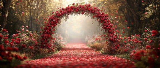 A romantic garden archway covered in red and pink roses leaving space at the top for text focus on festive theme realistic composite wedding venue backdrop