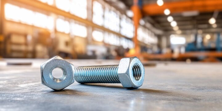 Close-up of bolt and nut on factory floor. - Powered by Adobe