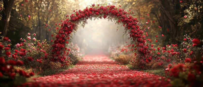 A romantic garden archway covered in red and pink roses leaving space at the top for text focus on festive theme realistic composite wedding venue backdrop
