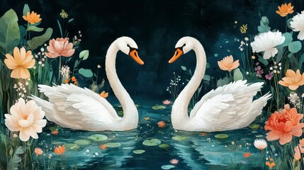 Two elegant white swans forming a heart shape on a dark teal pond, surrounded by vibrant flowers and foliage.