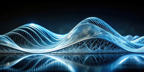 Abstract blue and white luminous wave formations reflected on a dark surface