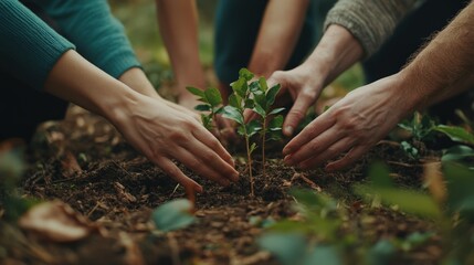Fototapeta premium A group of people are planting a tree together