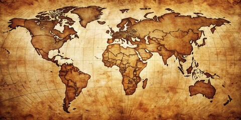 A weathered parchment world map, revealing the continents in faded brown hues, traced with intricate lines of time and exploration.