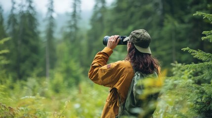 Fototapeta premium A woman is looking through a binoculars in a forest