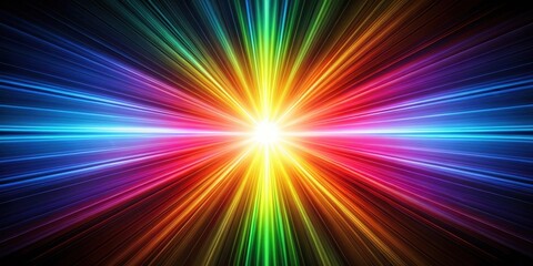 Fototapeta premium A radiant burst of color emanating from a central white light, showcasing vibrant hues of blue, purple, red, orange, yellow, and green in a dynamic radial pattern.