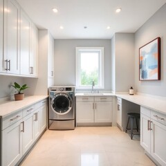 A modern and stylish laundry room that combines functionality with a sleek design. Washer and Dryer. Cabinetry. Counter Space. Natural Light. Artwork. Plants.
