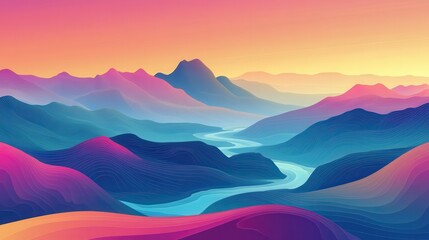 Abstract Mountain Landscape with Wavy Lines and a Winding River at Sunset