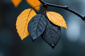 Obraz premium Abstract black branch with orange and black leaves on a white background