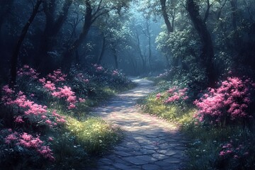 Obraz premium A serene forest path lined with vibrant flowers, inviting tranquility and exploration.