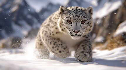 Fototapeta premium A snow leopard sprinting through a snowy landscape, showcasing its agility and beauty in a natural habitat.