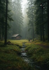 Serene forest cabin retreat with stream in misty woodland scene