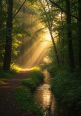 Fototapeta premium Sunlit forest path with golden rays through lush green trees alongside a tranquil stream