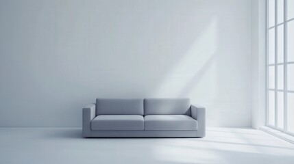 A gray couch sits in a white room with a window