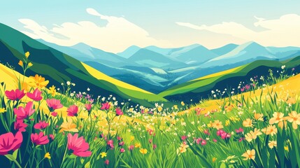 Fototapeta premium A field of colorful flowers in a mountainous landscape