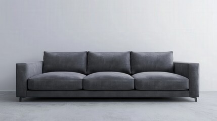 A gray couch with three cushions sits in front of a white wall