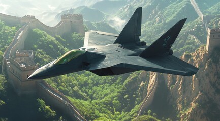 Stealth fighter jet soaring above the Great Wall of China.