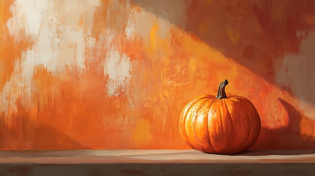 Pumpkin in a cozy fall setting with a warm orange background and room for text
