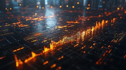 Futuristic data flow, digital city backdrop, glowing graphs, technology concept, stock photo
