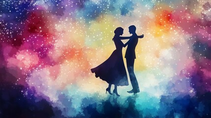 Obraz premium Silhouette of a couple embracing against a vibrant watercolor galaxy backdrop.
