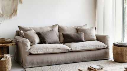 A tan couch with pillows and a basket of brown baskets in the background