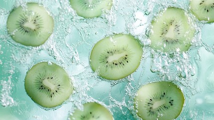 Kiwi Fruit Slices Splashing In Refreshing Water