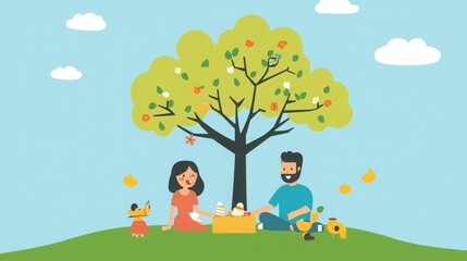 Naklejka premium Couple enjoys a picnic under a blossoming tree. A cheerful spring day!