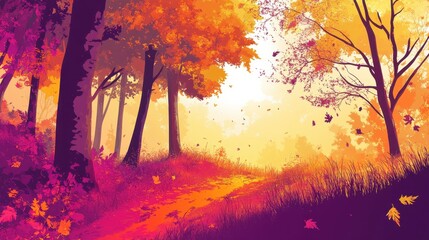 A Path Through an Autumn Forest with Falling Leaves