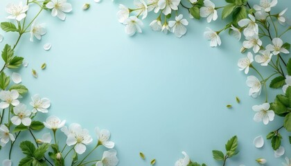 Pastel Blue Background with White Flowers, Spring Floral Border