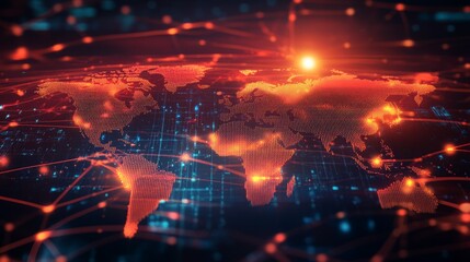 Fototapeta premium Global network connection. Digital world map with glowing nodes.