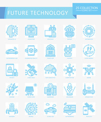 Future Technology blue color icons set. contain AI, algorithm, cloud, genome, nanobot, robot, bot, energy and more. Vector EPS 10 for print, digital UI, UX kit, web and app for technology, education.