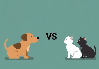 Naklejka premium Playful competition: adorable dog facing cats in minimalist design