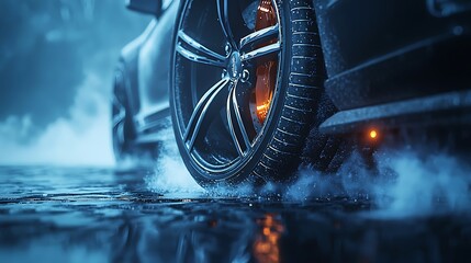 Nighttime car wheel spin, snowy road, blurred background, action shot, automotive