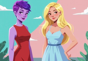 Fototapeta premium Stylish animated characters: purple-haired and blonde duo in vibrant outfits