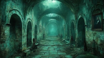 A mysterious, eerie corridor with dark stone walls and arches, illuminated by a ghostly light.