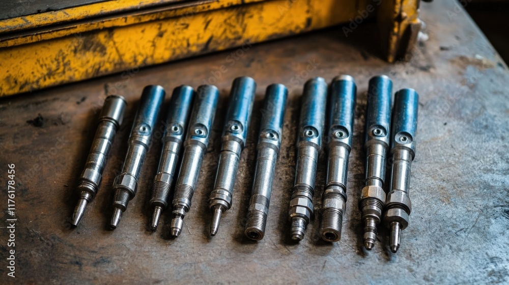 Poster collection of precision fuel injectors in a workshop setting on a rustic wooden surface with industr