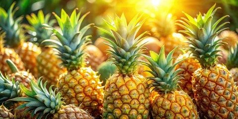 A cluster of ripe pineapples, bathed in the golden glow of the setting sun, showcasing the intricate patterns of their textured skin and the vibrant green of their leaves.