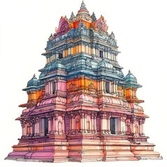 Vibrant Watercolor Illustration of a Multi-Tiered Hindu Temple.